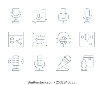 Podcast icons. Thin Line style, editable stroke. microphone, podcast, chat, laptop.