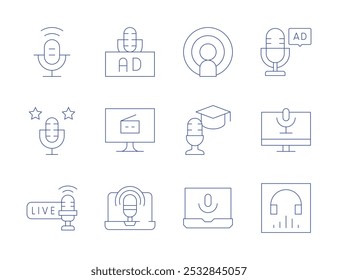 Ícones de podcast. Estilo Thin Line, traço editável. anúncio, propaganda, computador, laptop, ouvir agora, ao vivo, podcast.