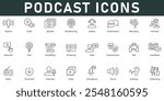 Podcast Icons vector illustration with thin line editable stroke contains audio episodes broadcasting conversation interview streaming talk sound microphone host storytelling entertainment