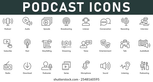 Podcast Icons vector illustration with thin line editable stroke contains audio episodes broadcasting conversation interview streaming talk sound microphone host storytelling entertainment