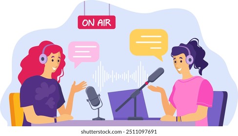 Ilustración de podcast. Presentadora de radio femenina entrevistando a invitados en una estación de radio. Podcast en Ilustración vectorial plana de estudio. Mujeres con auriculares hablando. Vector en estilo plano