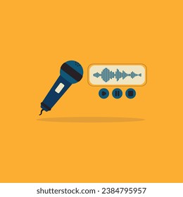 Podcast illustration with microphone and audio line in flat retro style. Play, pause and stop buttons and voice message. Vintage icon	