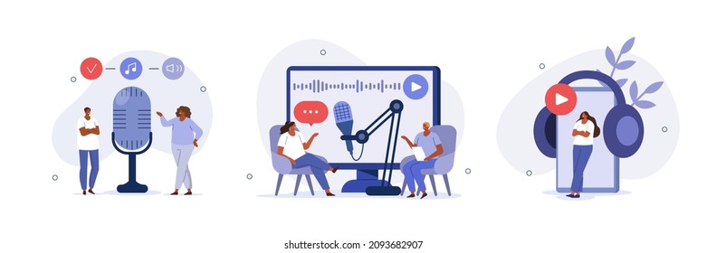 Podcast illustration set. Characters in radio studio speaking in microphone and recording audio podcast or live online interview. People listening audio on smartphone. Vector illustration.
