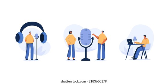 Podcast Illustration Set.  People Listening Audio On Smartphone. Flat Charater Illustration