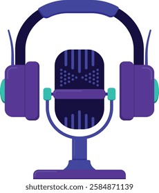  Podcast illustration with violet microphone and headphones in flat style. Radio or live broadcasting recording equipment