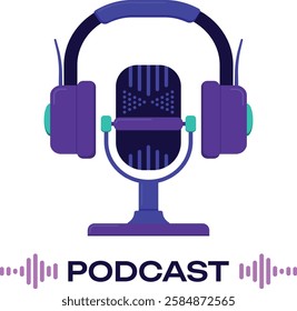 Podcast illustration with violet microphone and headphones in flat style. Radio or live broadcasting recording equipment. Pink sound wave with text. Sound line for video or app