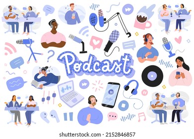 Podcast illustrations bundle, podcasters and listeners, host and guest recording interview, speaker, mic and headset objects, internet broadcasting, stylized people, vector illustrations, flat icons