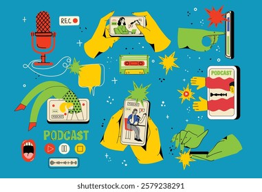 Podcast illustrations set. Streaming web show digital devices tablets laptop speakers microphones headphones recent vector flat pictures set