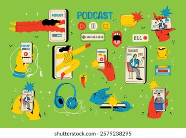 Podcast illustrations set. Streaming web show digital devices tablets laptop speakers microphones headphones recent vector flat pictures set