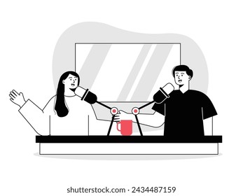 Podcast indoors with microphone, shooting content, black and white style. Character design. Flat vector illustration