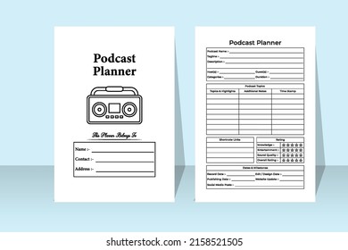 Podcast info tracker interior. Podcast regular topic planner and sponsor list checker template. Interior of a notebook. Radio station regular activity tracker and guest information notebook.