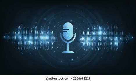 Podcast, Internet digital recording concept. Podcast logo, Mic icon special and Sound wave rhythm on dark blue background.