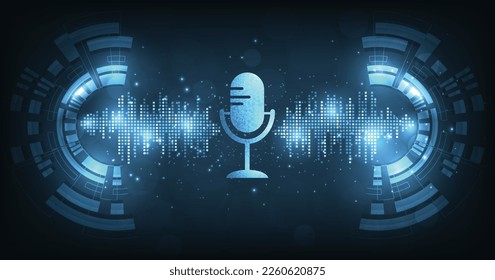 Podcast, Internet digital recording concept. Podcast logo, Mic icon special and Sound wave rhythm on dark blue background.	