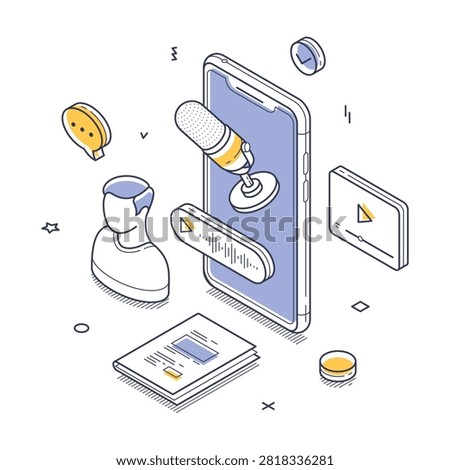 Podcast internet live media show broadcast mobile app concept isometric vector illustration. Online interview audio speech communication dialogue discussion multimedia content stream subscribe