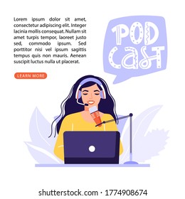 Podcast or interview concept. Podcaster recording podcast in studio with microphone and headphones. Lettering composition with copy space. Vector banner illustration.