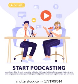 Podcast o concepto de entrevista. Podcasters grabando un podcast con micrófono y auriculares. Ilustración de la pancarta del vector.