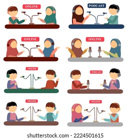 Podcast interview flat design illustration collection