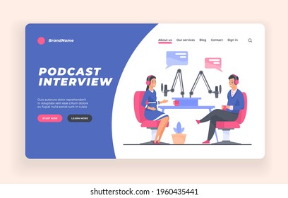 Podcast interview show advertising banner or poster template. People making podcast. Cartoon characters talking to microphone and recording audio podcast. Online radio, interviewing a guest