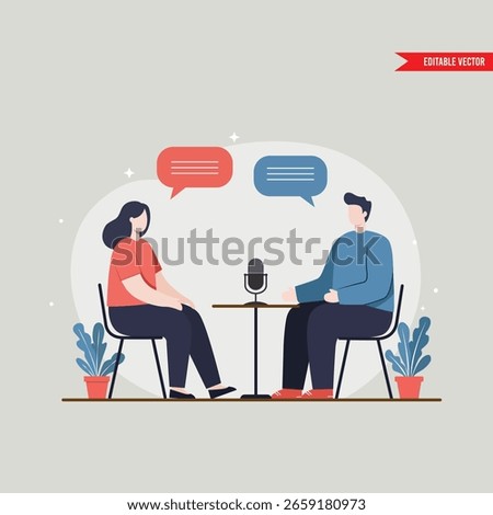 Podcast Interview: Two People Discussing Ideas, Communication, Conversation, Dialogue Flat vector illustration
