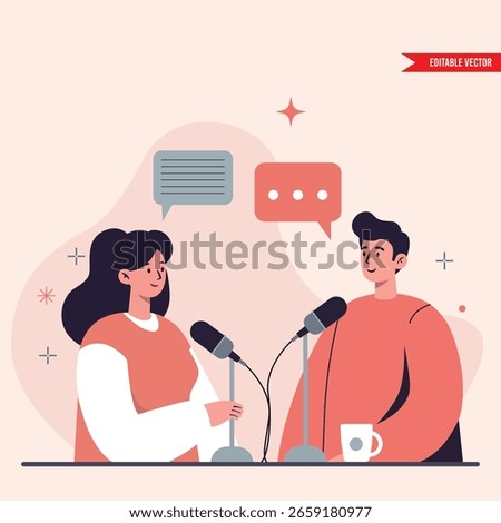 Podcast Interview: Two People Discussing on Microphones, Conversation, Discussion, Communication Flat vector illustration