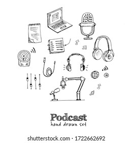 Podcast isolated hand drawn doodles Vector set