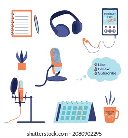 Podcast for kids items bundle - notebook, headphones, smartphone with earphones, plant, microphone, thought bubble, calendar, tea cup