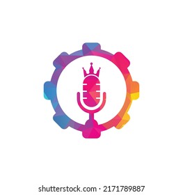 Podcast king and gear shape vector logo design. King music logo design concept.	