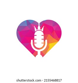 Podcast king and heart shape vector logo design. King music logo design concept.