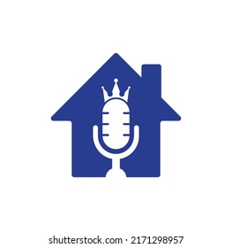 Podcast king and home shape vector logo design. King music logo design concept.	