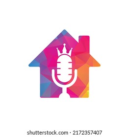 Podcast king and home shape vector logo design. King music logo design concept.	