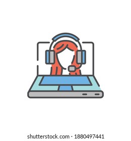 Podcast in laptop color line icon. Podcasting. Editable stroke.