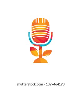 Podcast leaf nature ecology vector logo design. Podcast talk show logo with mic and leaves.
