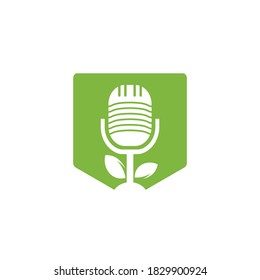 Podcast leaf nature ecology vector logo design. Podcast talk show logo with mic and leaves.