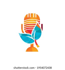 Podcast leaf nature ecology vector logo design. Podcast talk show logo with mic and leaves.