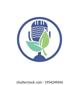 Podcast leaf nature ecology vector logo design. Podcast talk show logo with mic and leaves.