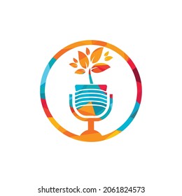 Podcast Leaf Nature Ecology Vector Logo Design. Podcast Talk Show Logo With Mic And Leaves.	