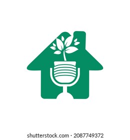 Podcast leaf nature ecology vector logo design. Podcast talk show logo with mic and leaves.	