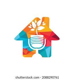 Podcast leaf nature ecology vector logo design. Podcast talk show logo with mic and leaves.	