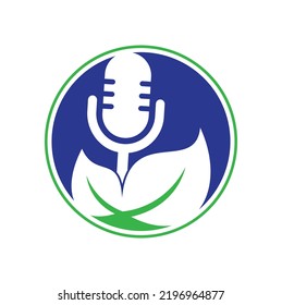 Podcast leaf nature ecology vector logo design. Podcast talk show logo with mic and leaves.	