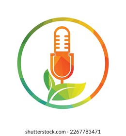 Podcast leaf nature ecology vector logo design. Podcast talk show logo with mic and leaves.