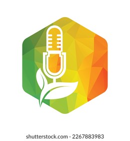 Podcast leaf nature ecology vector logo design. Podcast talk show logo with mic and leaves.