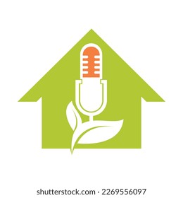 Podcast leaf nature ecology vector logo design. Podcast talk show logo with mic and leaves.