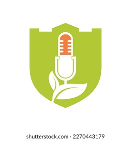 Podcast leaf nature ecology vector logo design. Podcast talk show logo with mic and leaves.