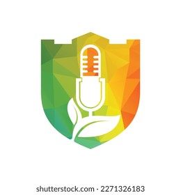 Podcast leaf nature ecology vector logo design. Podcast talk show logo with mic and leaves.