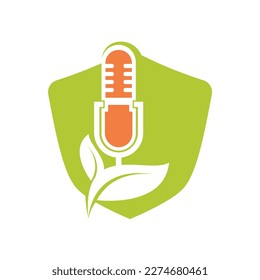 Podcast leaf nature ecology vector logo design. Podcast talk show logo with mic and leaves.