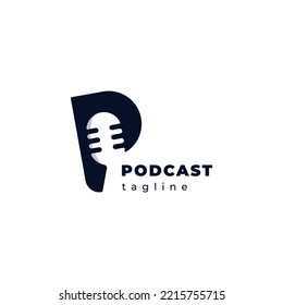 Podcast letter P and microphone creative monogram logo design icon vector