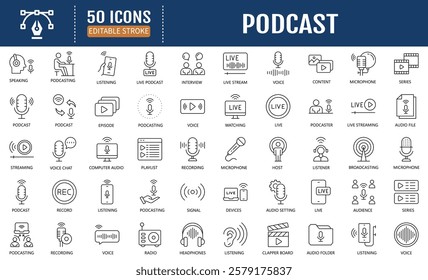 Podcast line editable icon set. Containing Podcast, Broadcasting, studio, microphone, sound, Conversation, Podcaster and more. Vector Illusttration