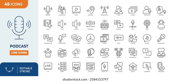 Podcast line editable icon set. Containing Podcast, Broadcasting, sound, studio, microphone, Microphone, Conversation, Podcaster, Audiobook and more. Vector illusttration