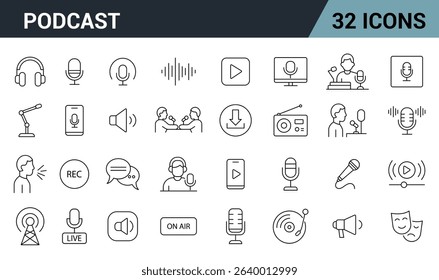 Podcast Line Editable Icons Set. Includes Microphones, Headphones, Sound Waves, Recording, Streaming, Radio, Interview Scenes, and More. Vector Illustration.	