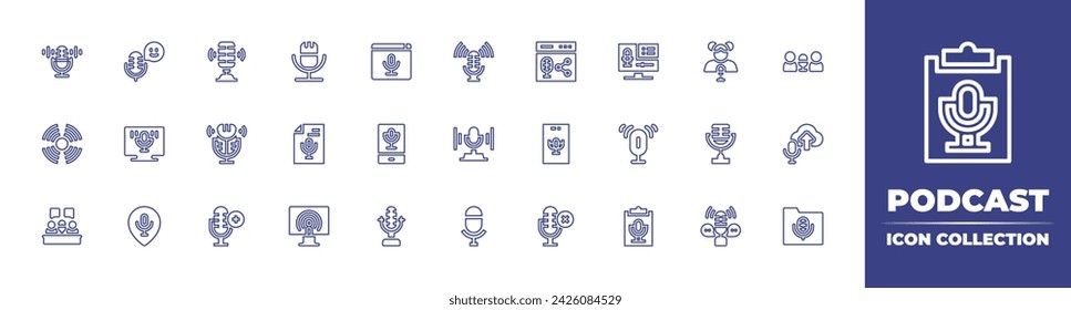 Podcast line icon collection. Editable stroke. Vector illustration. Containing podcast, audio, transcription, microphone, upload, placeholder, desktop, conversation, folder, voice control, script.